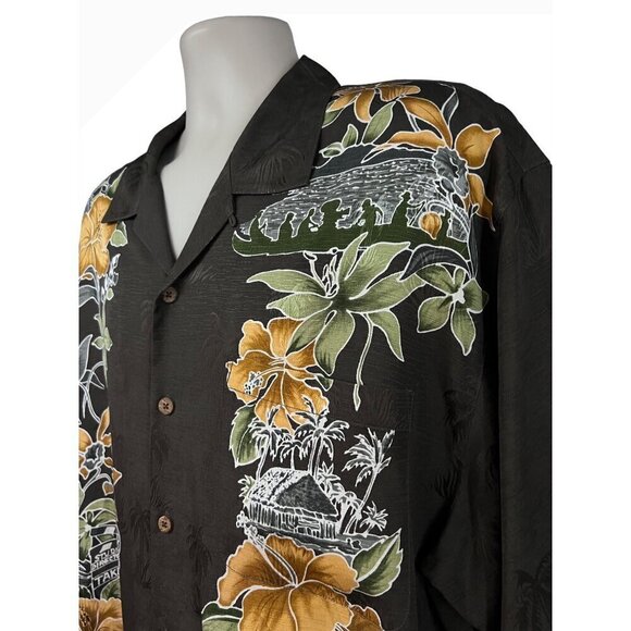 Tommy Bahama Vintage Gray Floral Embossed Silk Button Up Camp Shirt XL Pocket - Picture 5 of 11